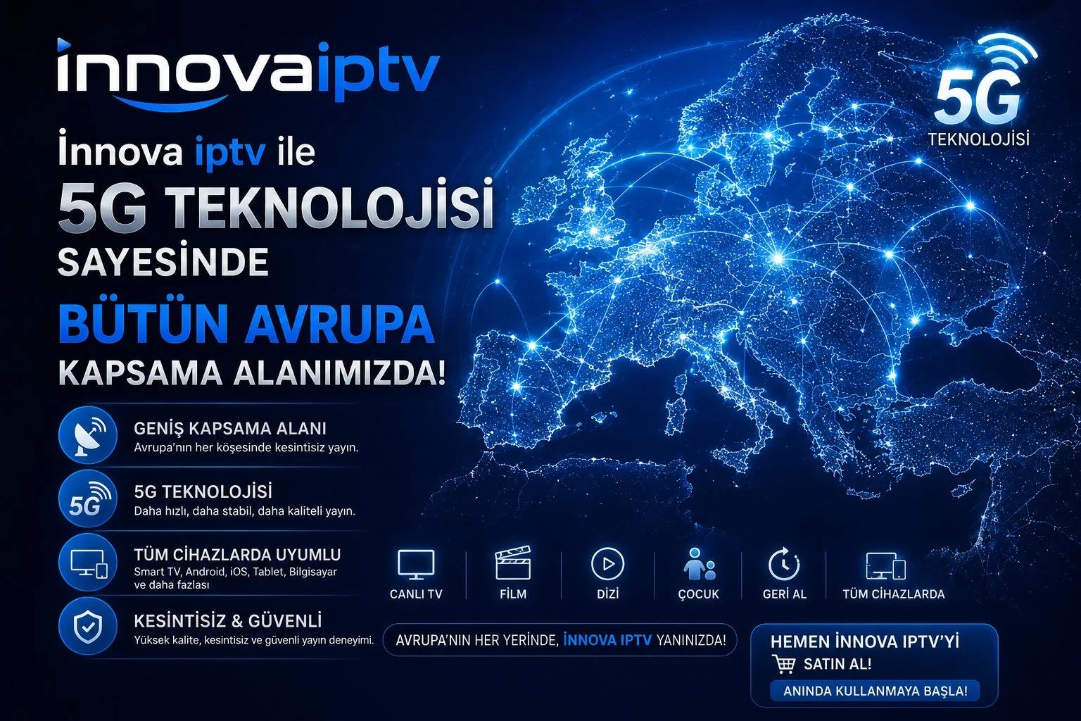 İnnova Premium IPTV ile 5G teknolojisi sayesinde bütün Avrupa kapsama alanında - geniş kapsama, kesintisiz ve güvenli yayın