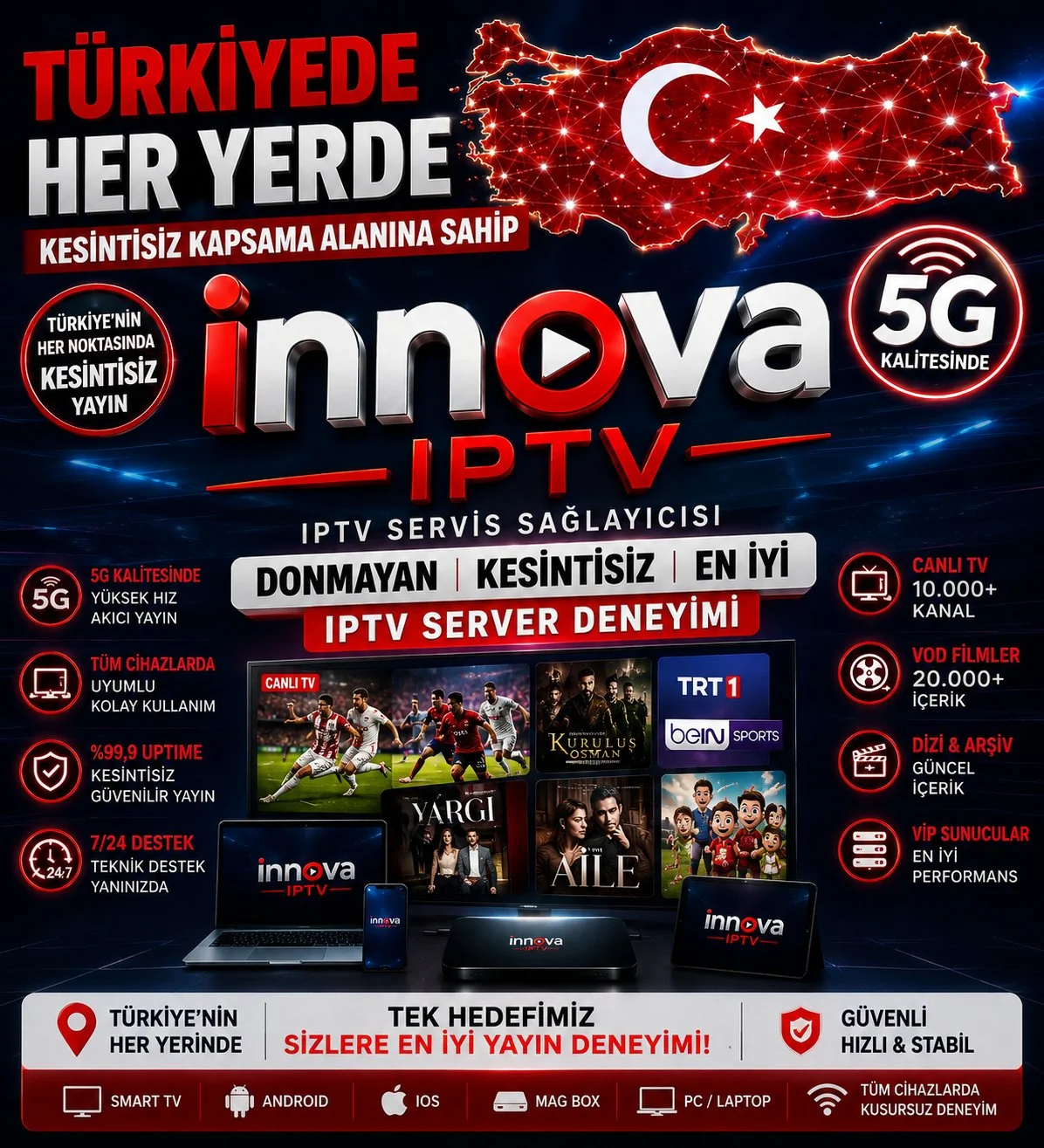 İnnova Premium IPTV - Türkiye'de her yerde kesintisiz kapsama alanı, donmayan 4K yayın