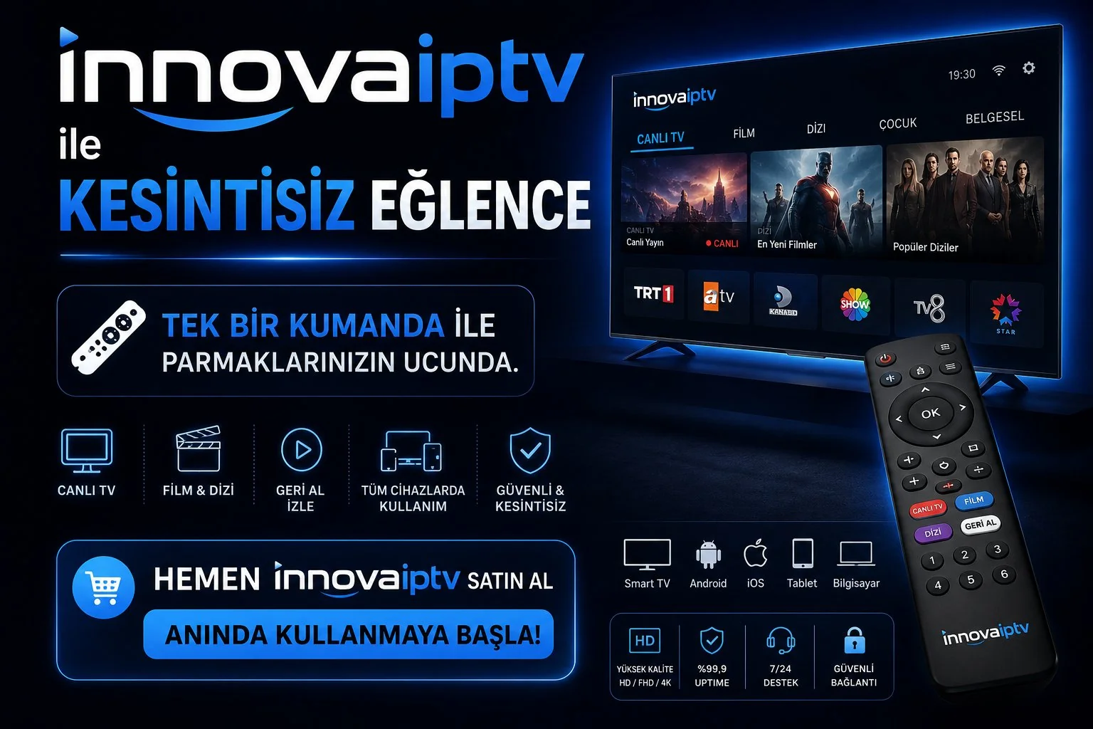 Hemen İnnova Premium IPTV satın al - kesintisiz eğlence, canlı TV, film, dizi, geri al izle, tüm cihazlarda kullanım